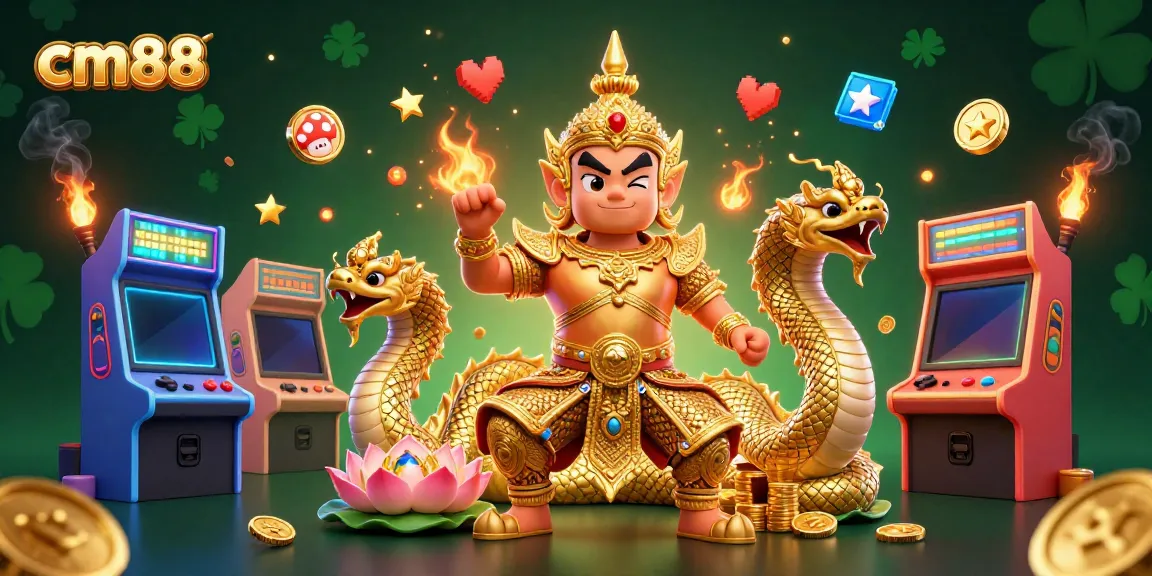Engage with CM88's vibrant casino world, where a golden guardian and Naga serpents animate the thrilling gaming experience.