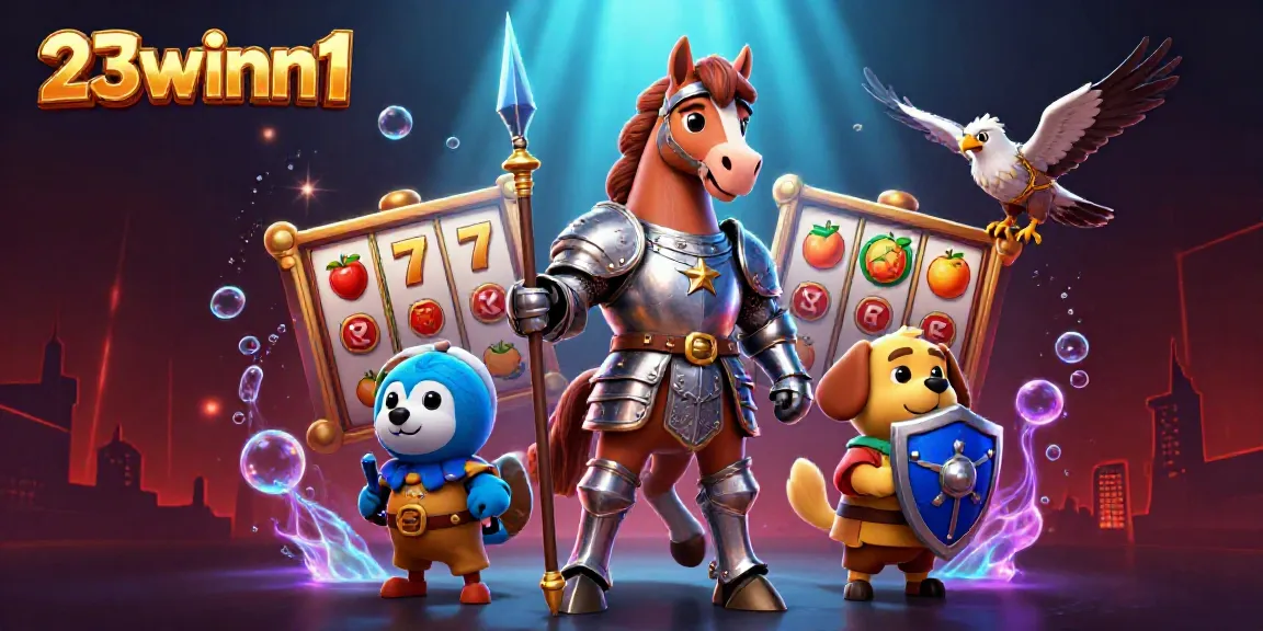Experience thrilling gaming at 23winn1 with a vibrant casino scene full of characters and slot elements.