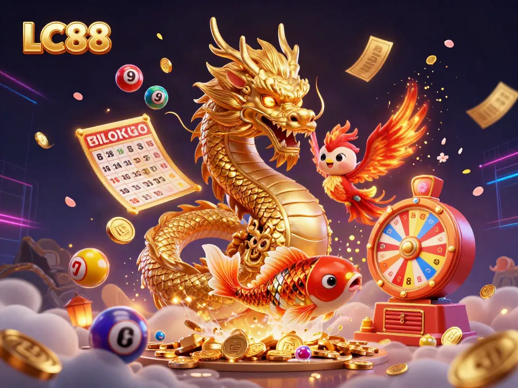 Engage with LC88's dynamic gambling world featuring a golden dragon, phoenix, and koi fish amid vibrant game elements.