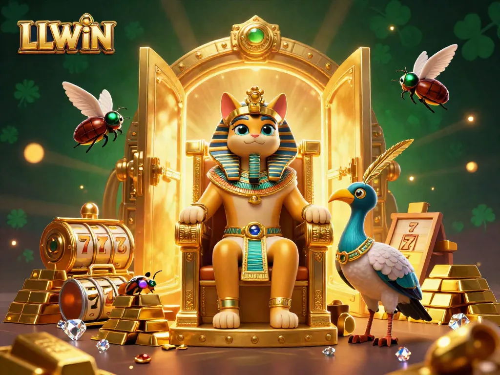 LLWIN offers dynamic casino excitement featuring an Egyptian pharaoh cat surrounded by treasures.