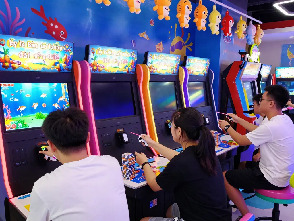 Engaging scene of players immersed in 'lại là Bắn cá đổi thưởng' competitive fishing game at vibrant arcade.