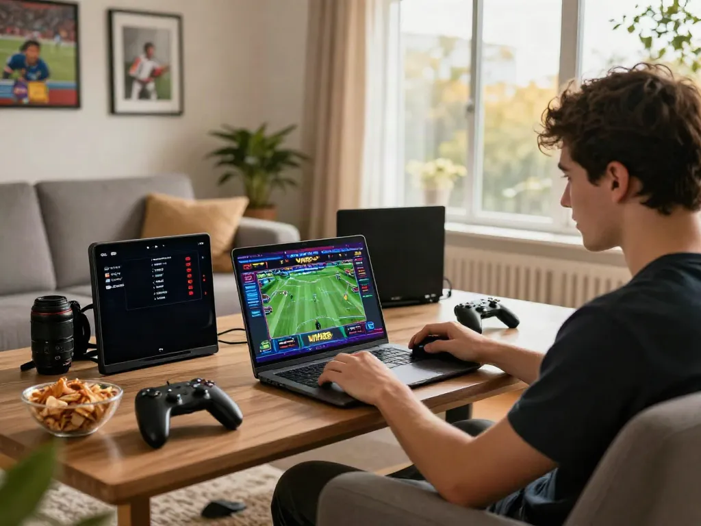Thrilling online gambling experience on VIN88 with a young adult enjoying sports betting.