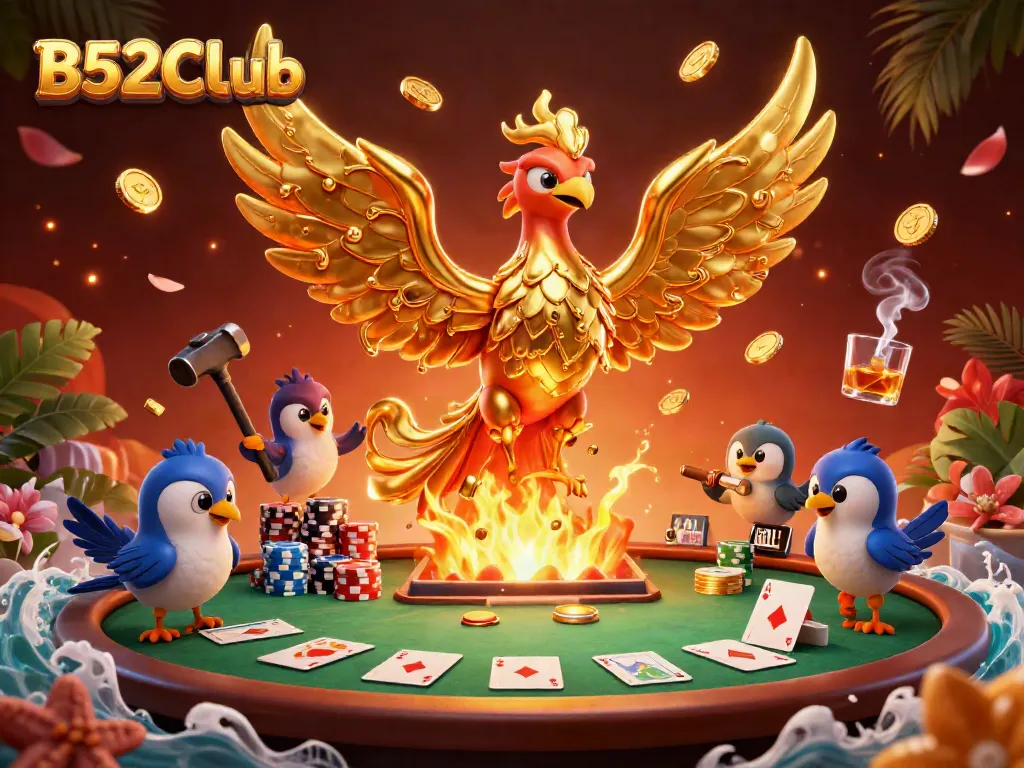 Play poker with B52CLub as a golden phoenix rises, delivering fortunes in coins.