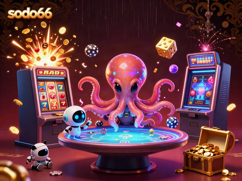 Engage in vibrant action at sodo66 with an alien octopus dealer at a holographic poker table amidst shimmering casino elements.