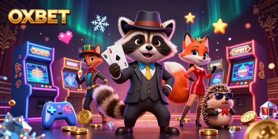 Join OXBET's festive gaming scene with cartoon characters and vibrant casino elements.