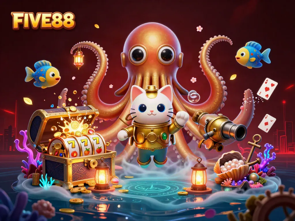 Engage in thrilling gameplay at FIVE88 with a vibrant 3D casino scene featuring a kraken and treasure.