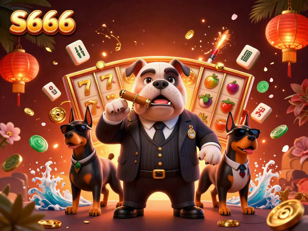 S666 delights bettors with a vibrant casino scene featuring a mafia bulldog and bodyguards amidst slot reels and celebratory elements.