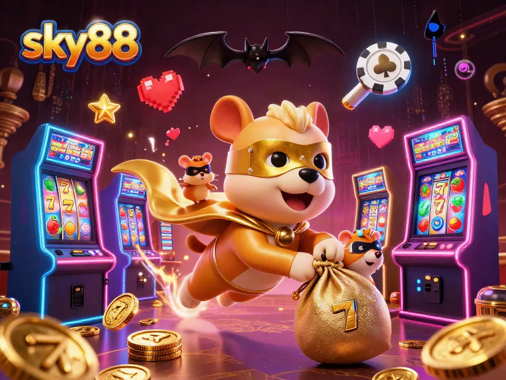 Engage in thrilling sky88 casino adventures with a vibrant 3D illustration of a superhero dog and hamster amidst slot machines.