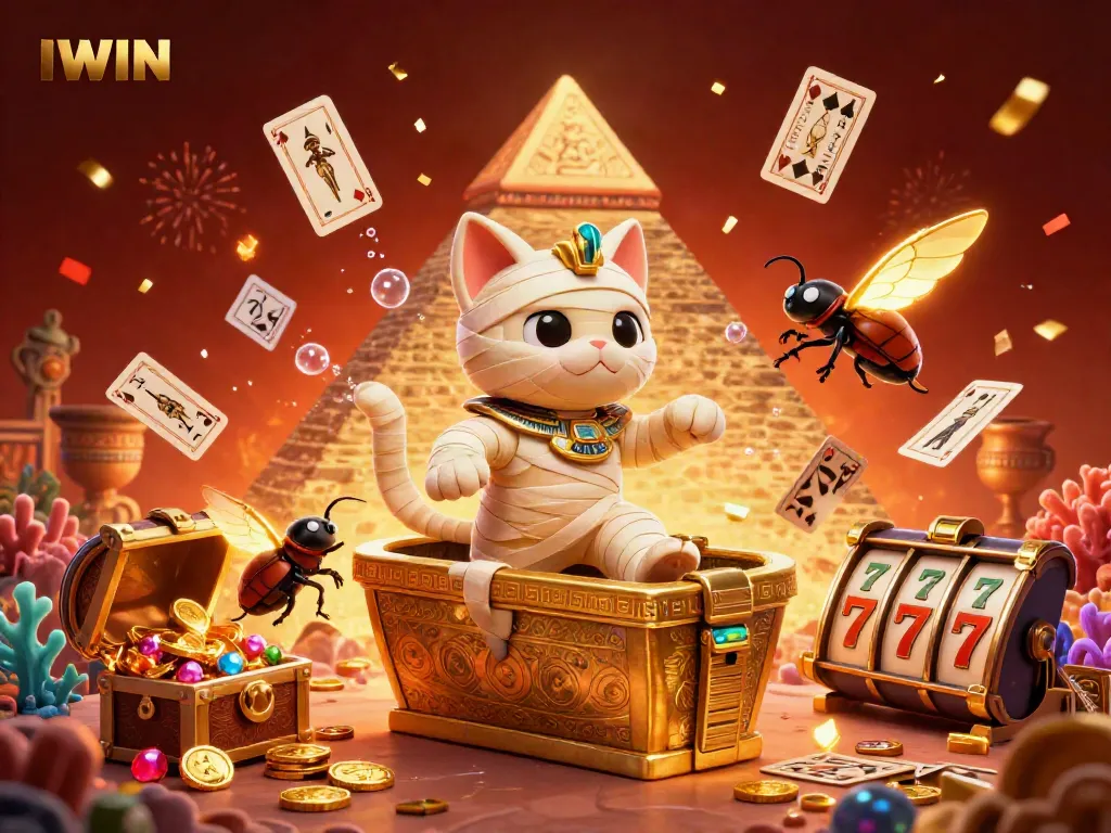 IWIN offers an exciting experience with a cartoon mummy cat and treasure chest bursting with gold coins in a pyramid casino.