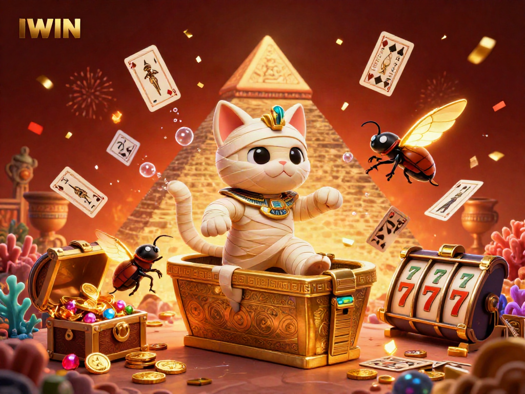IWIN offers an exciting experience with a cartoon mummy cat and treasure chest bursting with gold coins in a pyramid casino.
