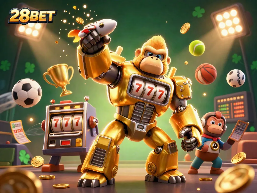 Experience thrilling action at 28BET casino featuring golden gorilla mech, sports elements, and dynamic excitement.