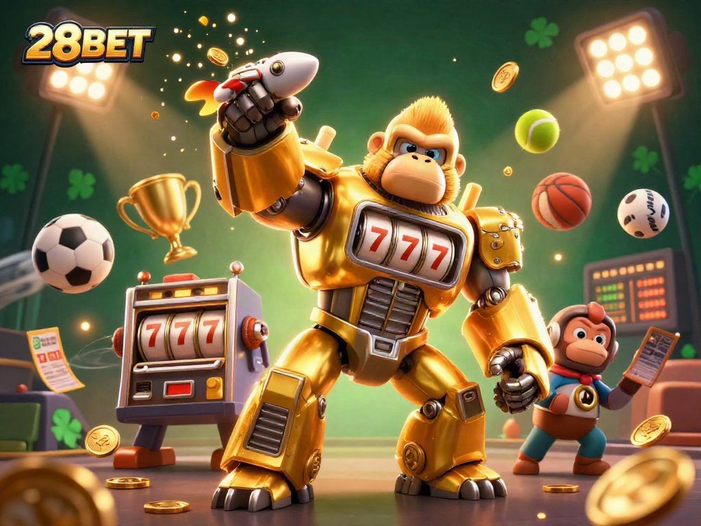 Experience thrilling action at 28BET casino featuring golden gorilla mech, sports elements, and dynamic excitement.