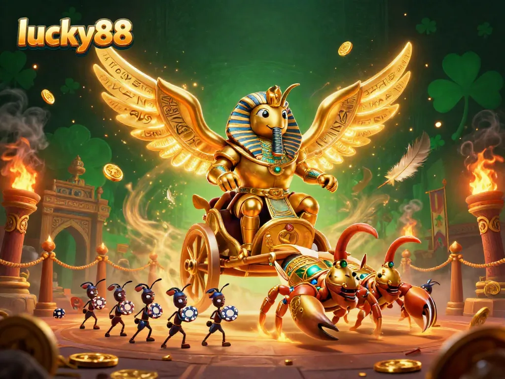 Experience thrilling gameplay with lucky88 featuring a colossal golden scarab and scorpions amidst vibrant casino elements.