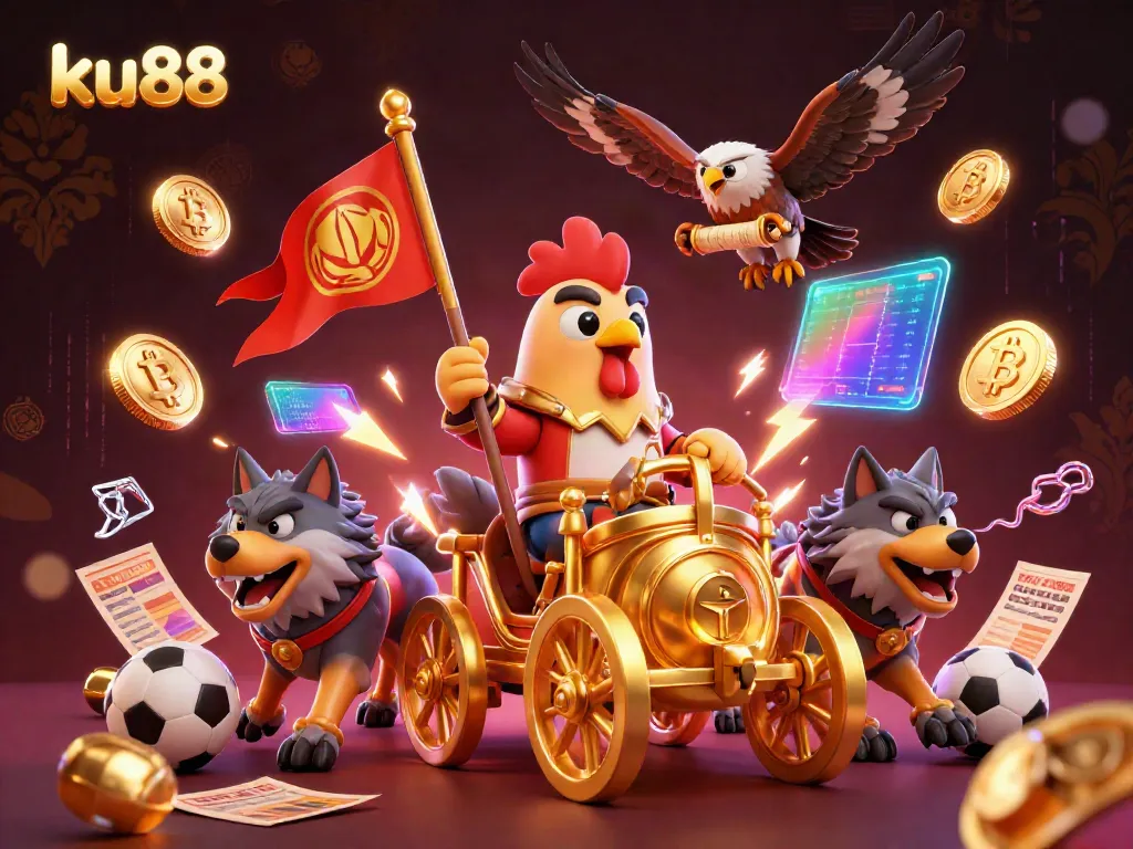 Engage in thrilling sports betting with ku88, featuring a dynamic 3D rooster warlord and crypto elements.