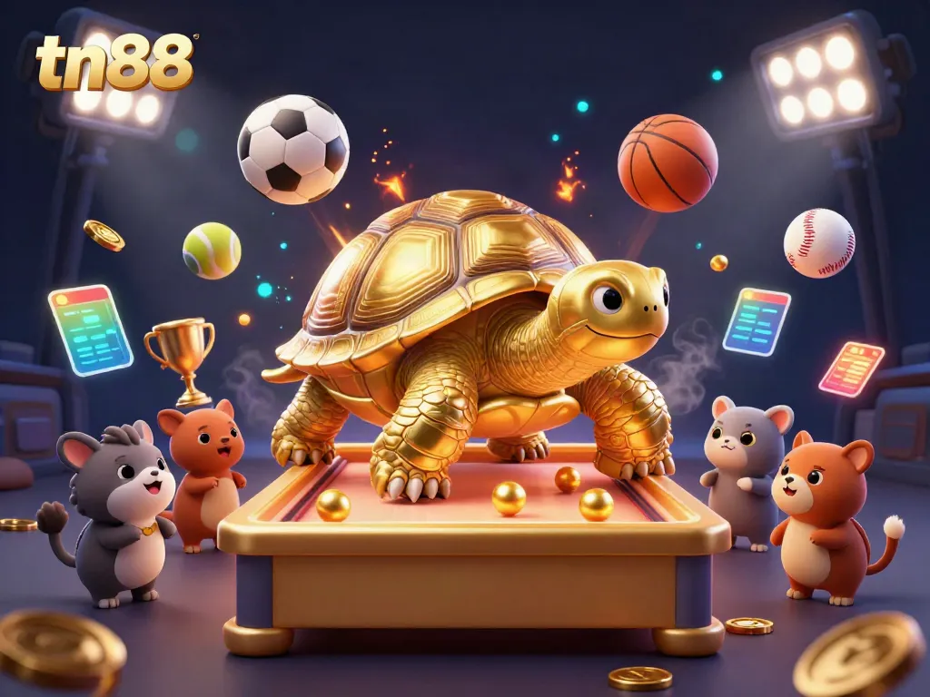Experience an exciting gaming atmosphere with tn88, featuring a golden tortoise pinball machine in a vibrant casino scene.