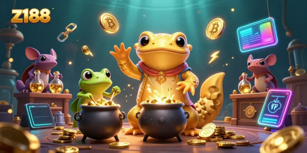 Experience the thrill of z188 with a magical casino illustration featuring golden creatures and crypto coins.