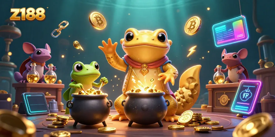 Experience the thrill of z188 with a magical casino illustration featuring golden creatures and crypto coins.