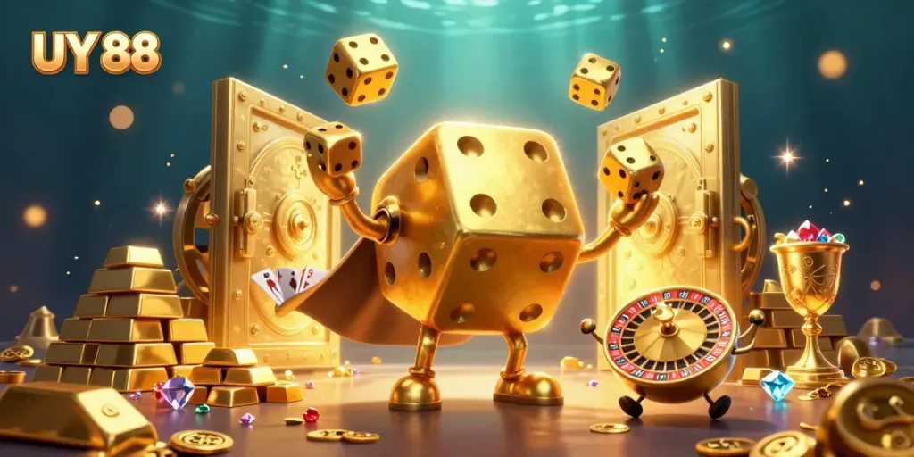 Engage in thrilling games with UY 88, featuring a lively casino scene and vibrant gaming elements.