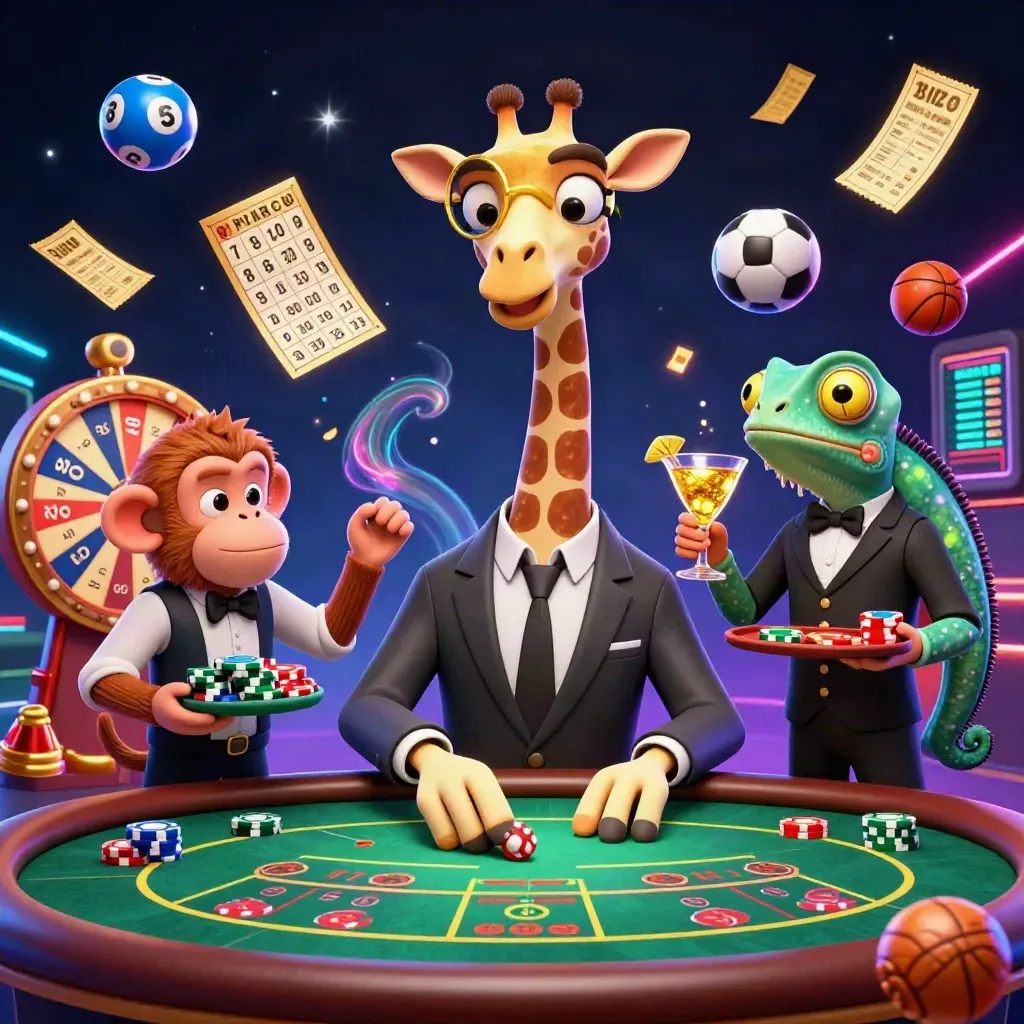 Giraffe, monkey and chameleon in neon casino chaos with lottery balls, prize wheel and sports props
