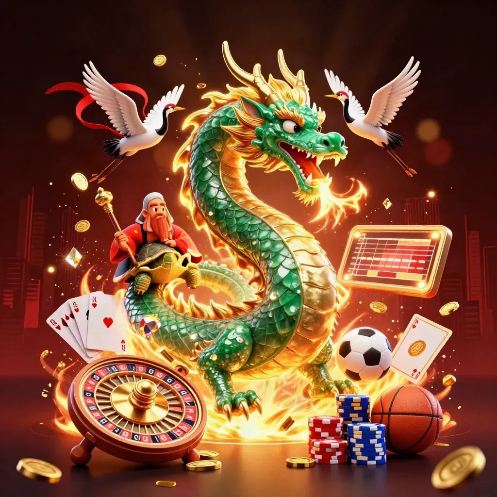 Emerald dragon, turtle sage, and cranes amid gold coins, casino symbols, and neon light.