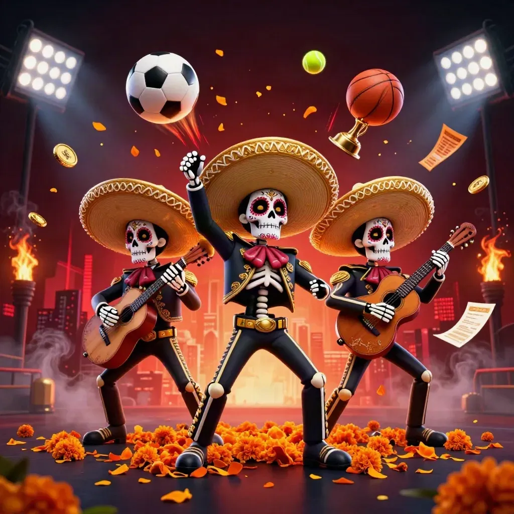 Day-of-the-Dead skeleton mariachi trio amid flying sports balls, coins, and stadium lights