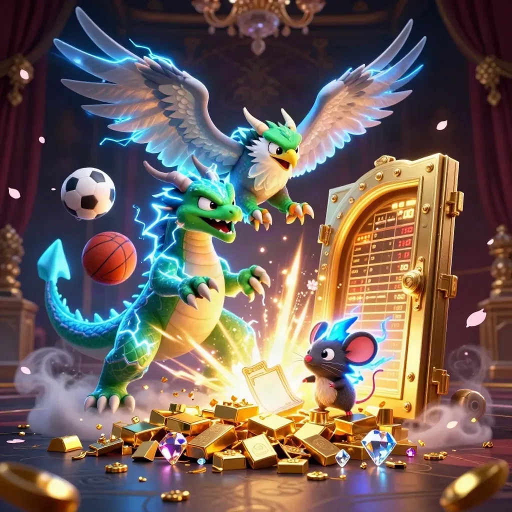 Thunder dragon, wind hawk, and static mouse burst through gold vault light in casino style.