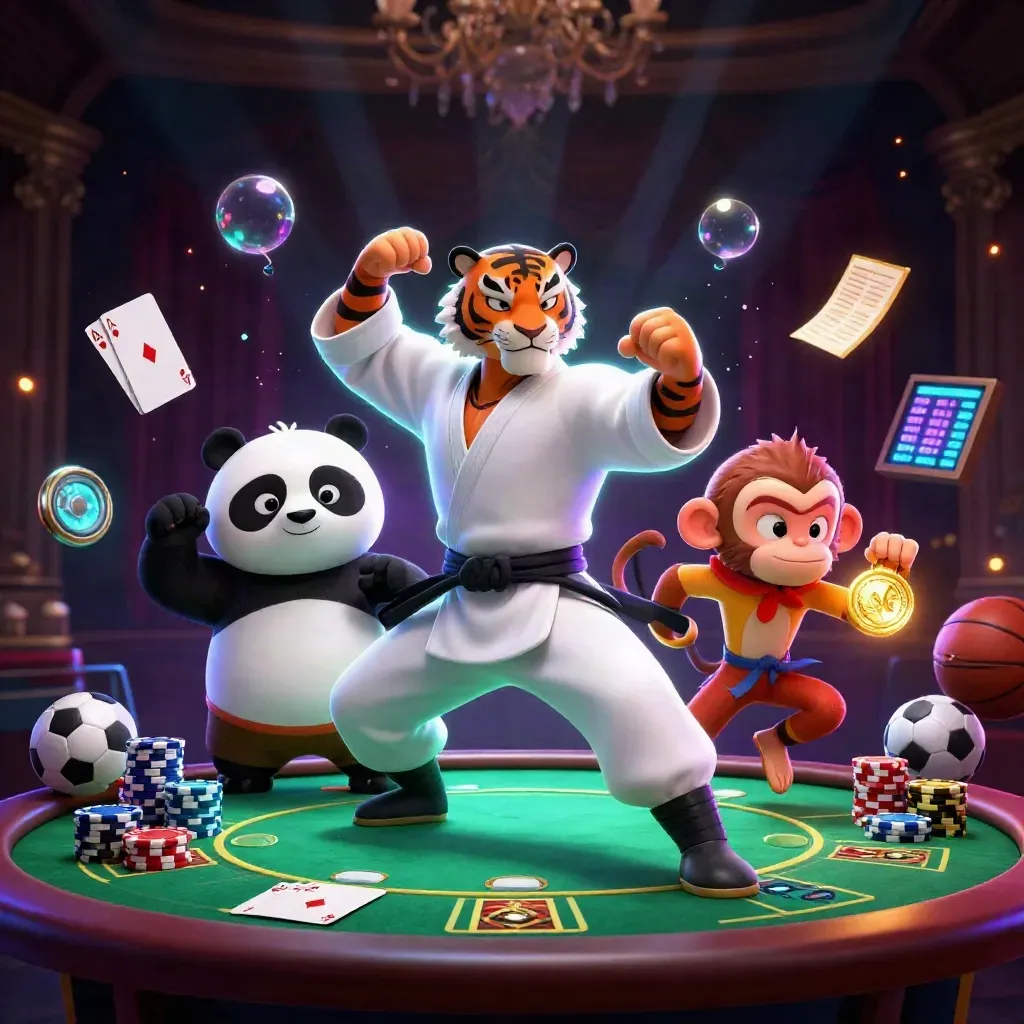 Kung-fu tiger, panda, and monkey amid casino props, neon glow, and cinematic damask backdrop