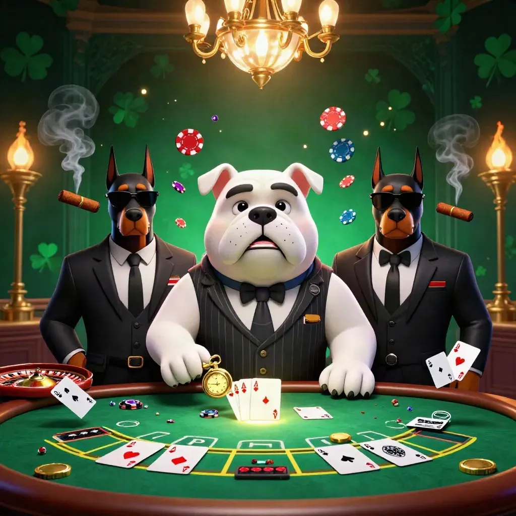 Bulldog boss and two Dobermans in a neon casino room with chips, cards, and spinning roulette wheel.