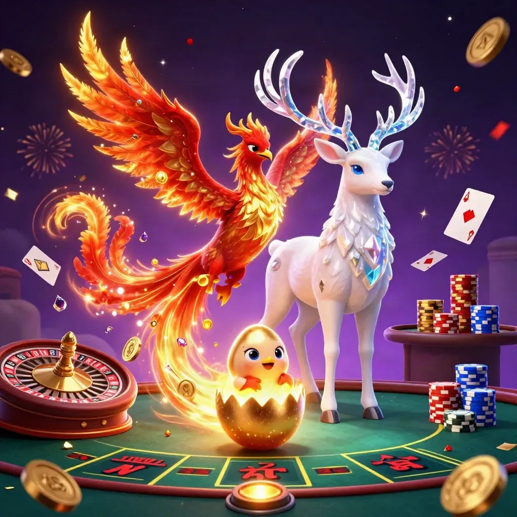 Phoenix, hatching egg, and stag amid casino lights, coins, cards, and a spinning roulette wheel.