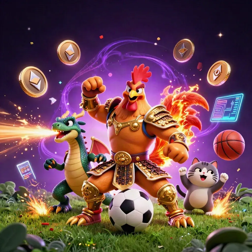 Low-angle fantasy sports mashup with armored rooster, dragon hatchling, cat, coins, sparks, and neon energy