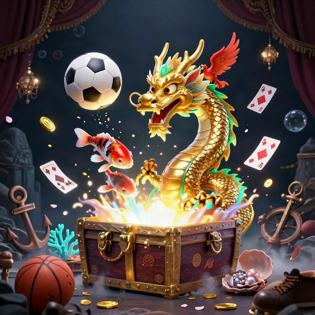 Golden dragon, phoenix, koi, and sports gear burst through a jewel-lit treasure cove.
