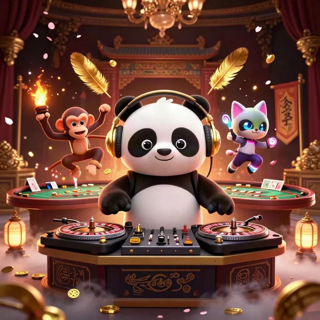 Luxe casino rave with panda DJ, breakdancing monkey, and glow-stick kitten