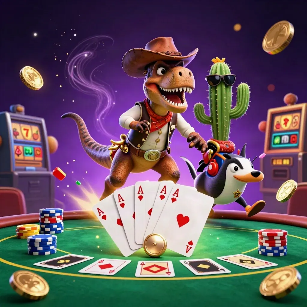T-Rex cowboy, cactus sidekick, and sheriff roadrunner amid poker chaos and neon casino effects