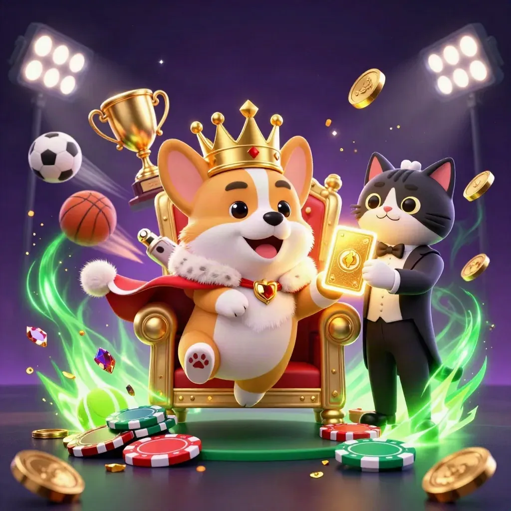 Royal corgi and cat butler amid sports balls, trophy, coins, and neon casino magic
