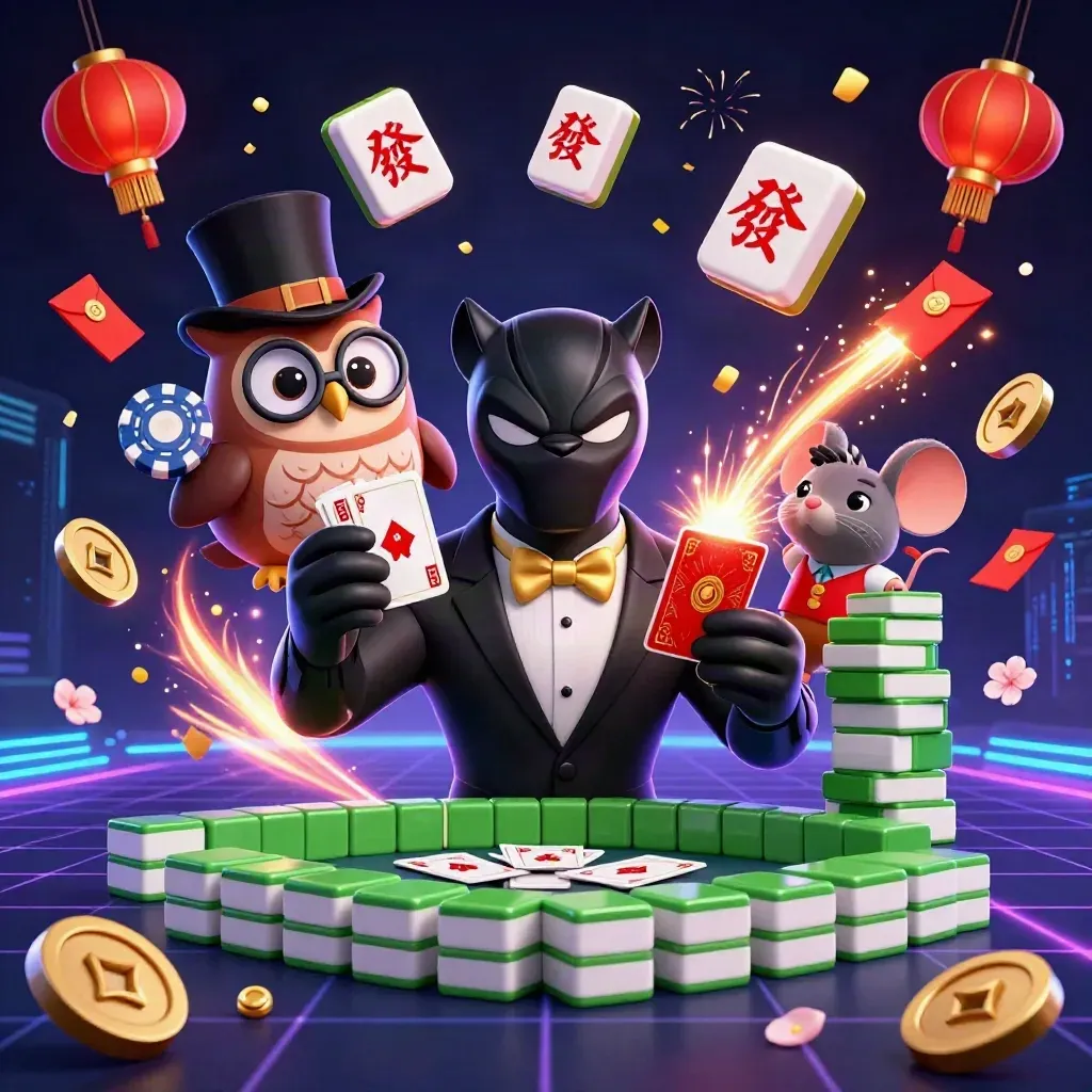 Panther, owl, and mouse casino heroes amid glowing tiles, lanterns, coins, and neon energy.