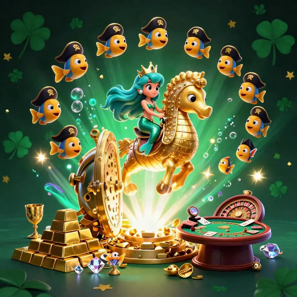 Mermaid princess on golden seahorse with treasure vault, fish, glowing casino luxuries