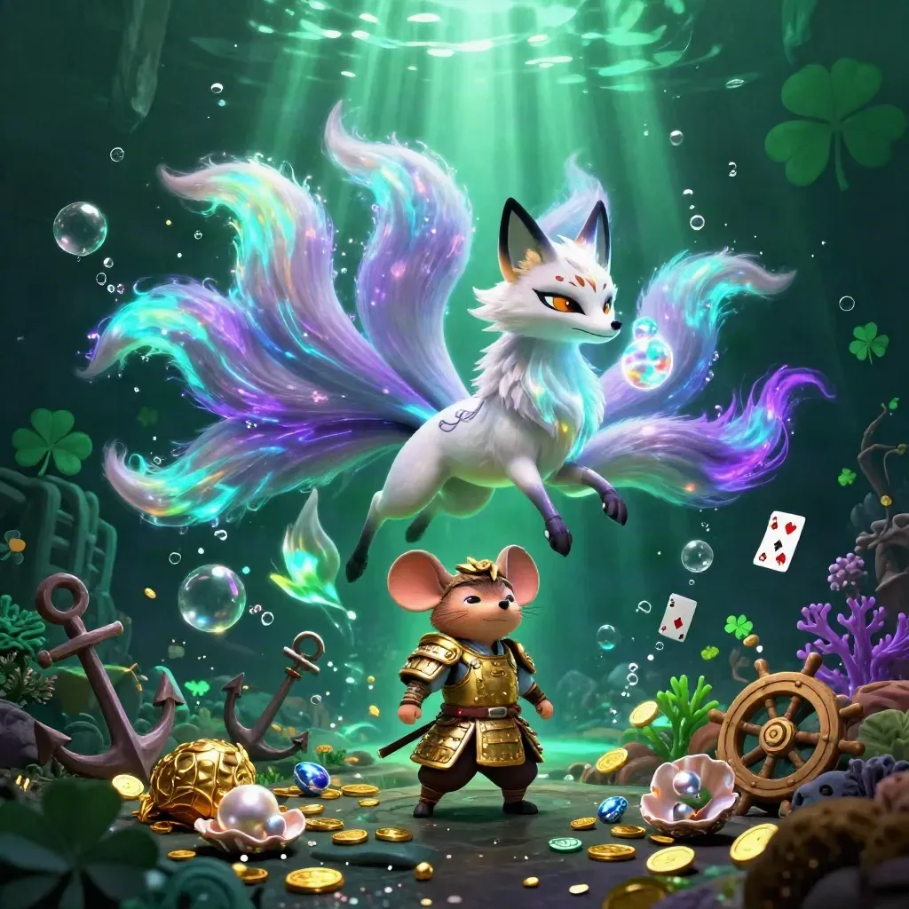 Neon fox spirit and armored mouse erupting treasure in an underwater casino cove