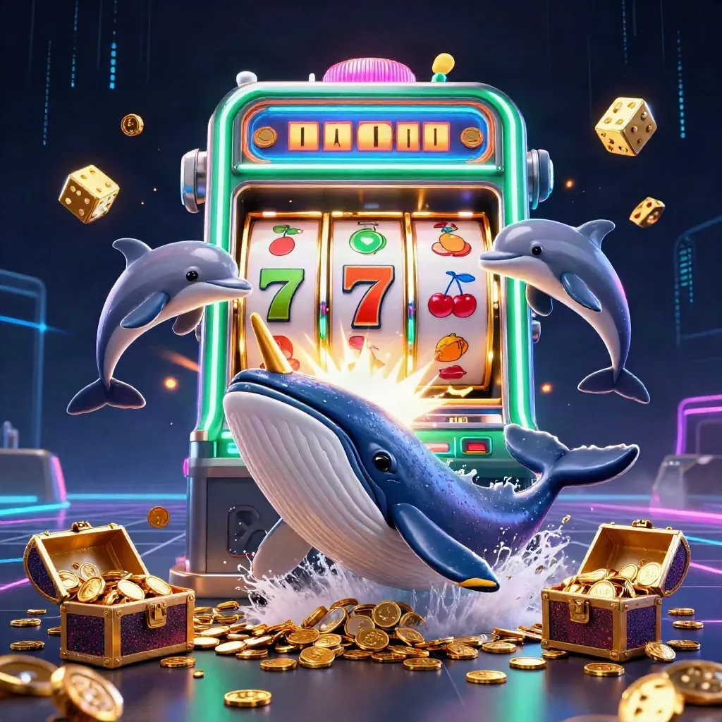 Whale captain, narwhal, and dolphins burst from coins with neon slot chaos and treasure.