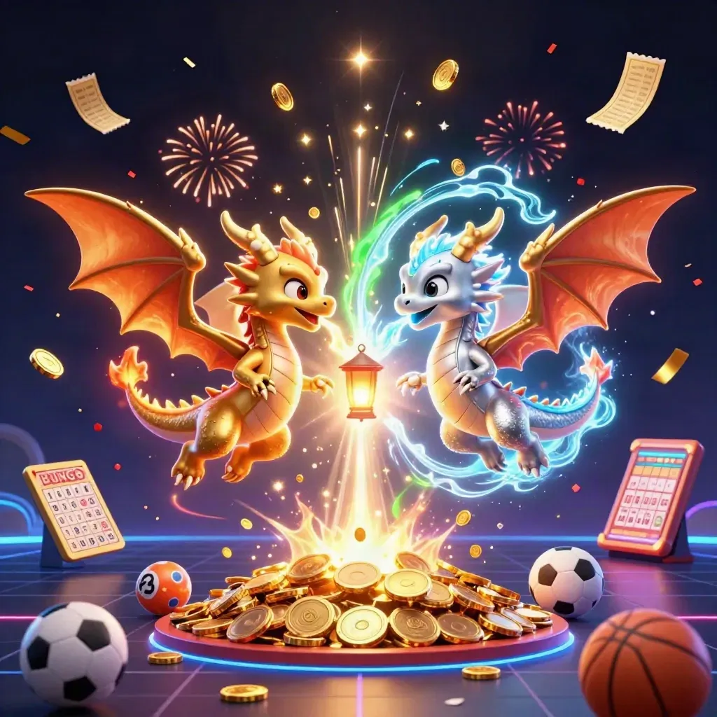 Twin dragons with treasure coins, sports icons, fireworks, and neon casino glow.
