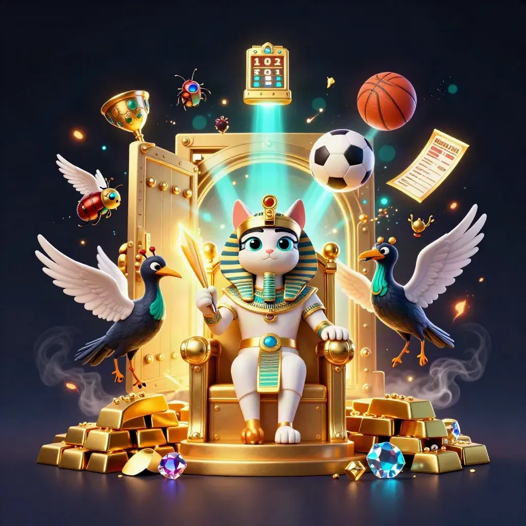 Pharaoh cat, ibis scribe, and gem-winged scarabs amid vault gold, sports balls, and neon casino glow.