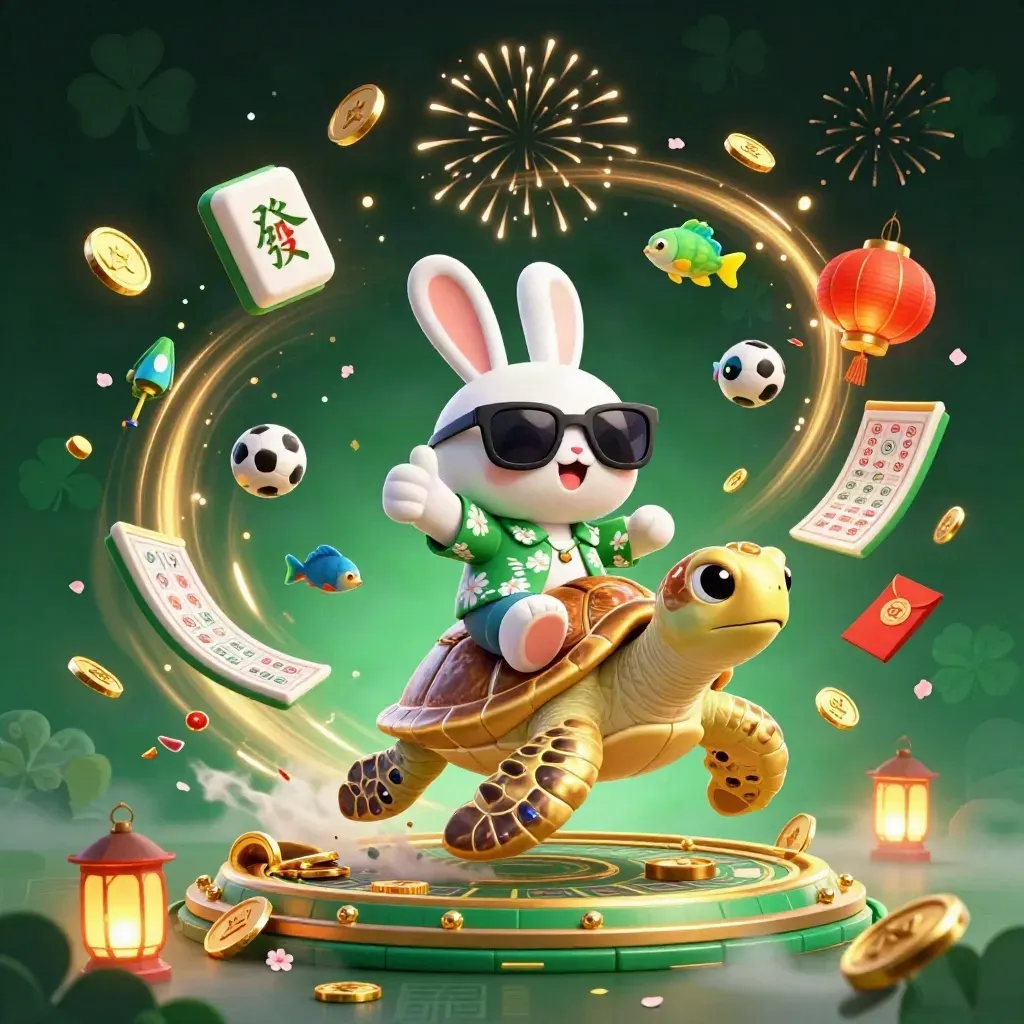 Lucky rabbit on a sea turtle amid coins, lanterns, fireworks, and casino treasure