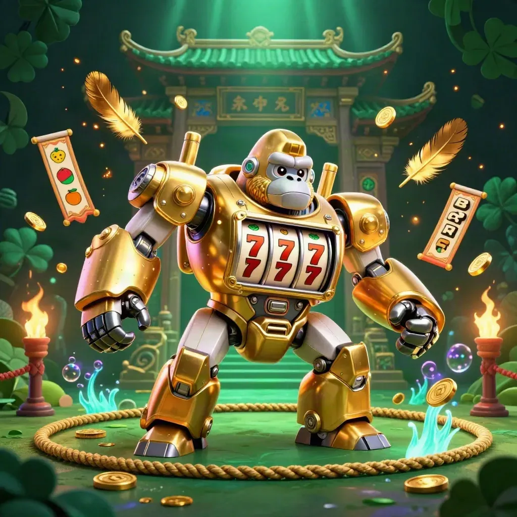 Golden gorilla mech with monkey pilot bursts through a temple ring amid coins, fire, and neon glow