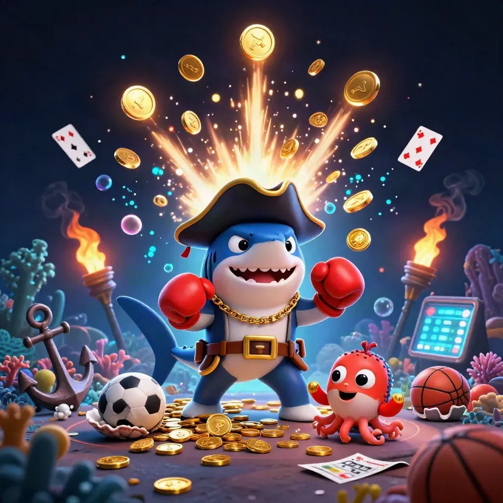 Shark pirate, pufferfish boxer, and baby octopus amid coins, fireworks, and treasure cove.