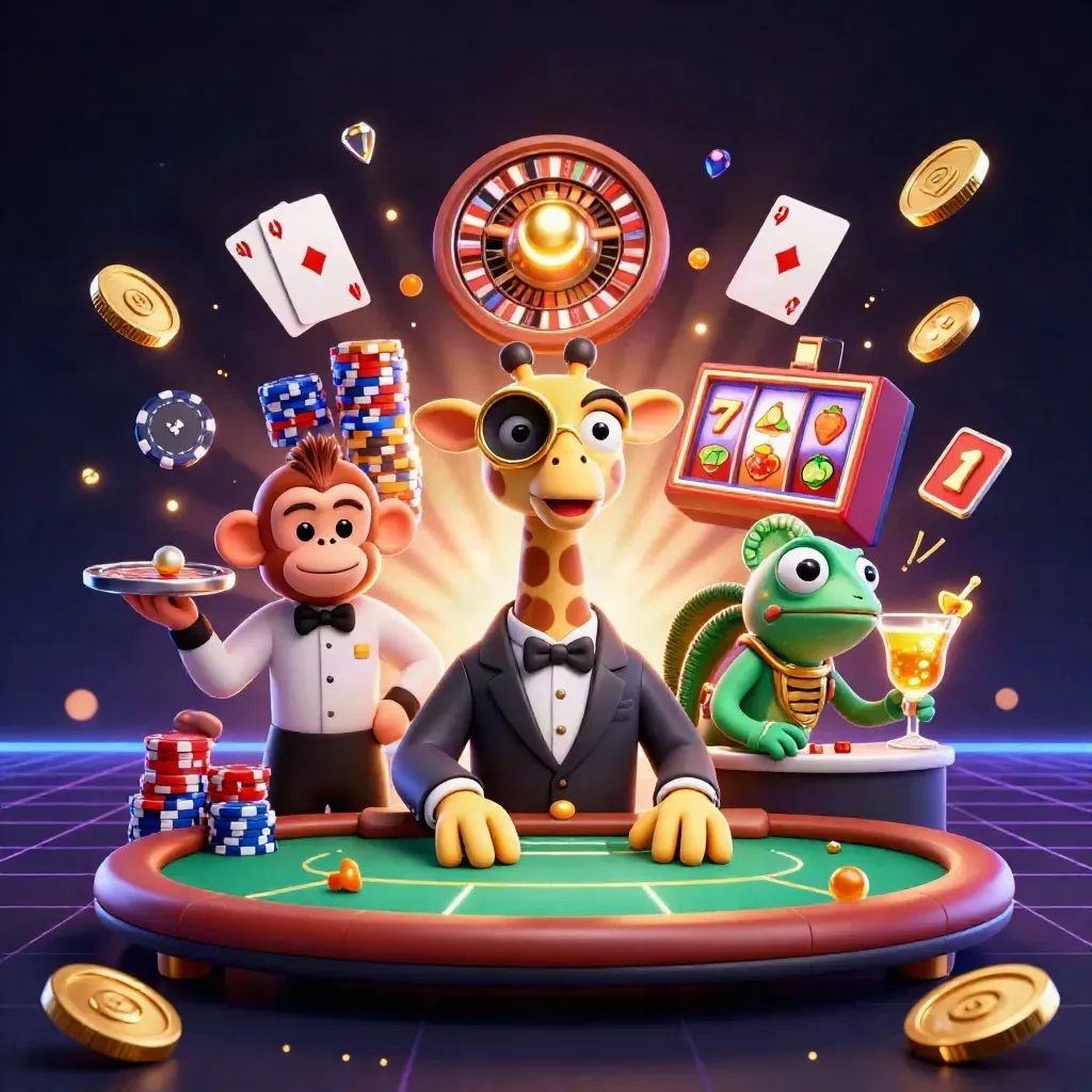 Giraffe high-roller, monkey valet, and chameleon bartender amid gold coins and casino glow.