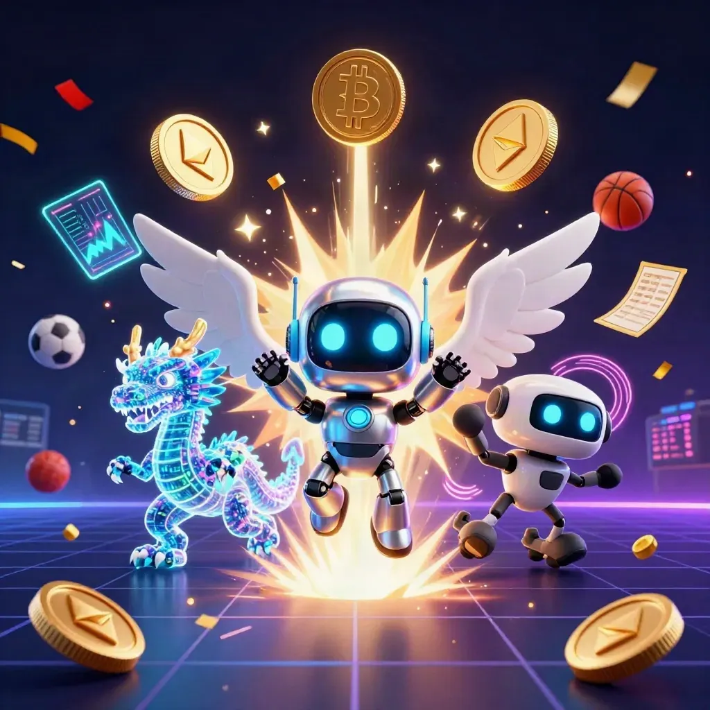 Cyberpunk robot, holographic dragon and coin drone amid bursting gold coins, fireworks and sports bets