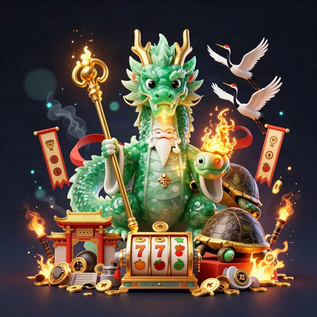 Emerald dragon, wise turtle sage, and cranes amid casino relics and golden fire.