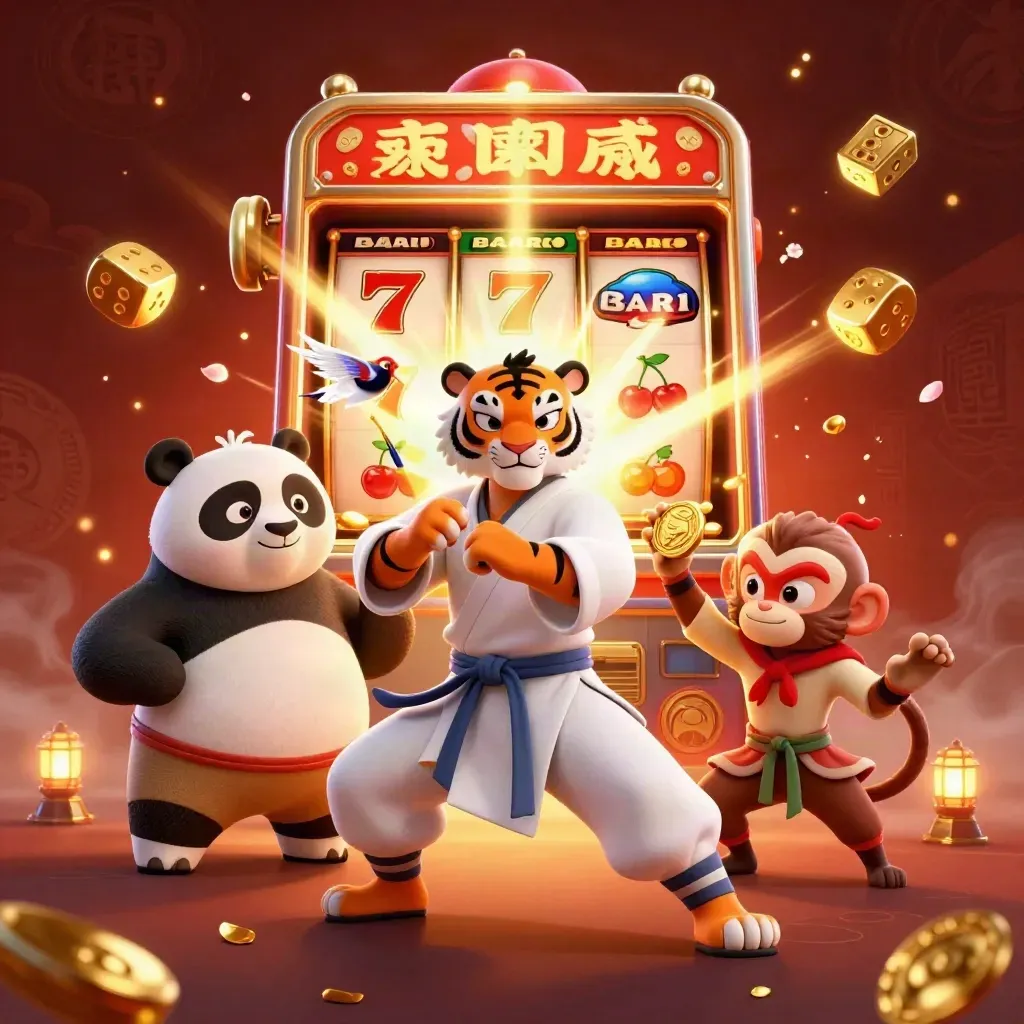 Tiger, panda, and monkey amid exploding slot reels, gold, and ember-lit casino magic.
