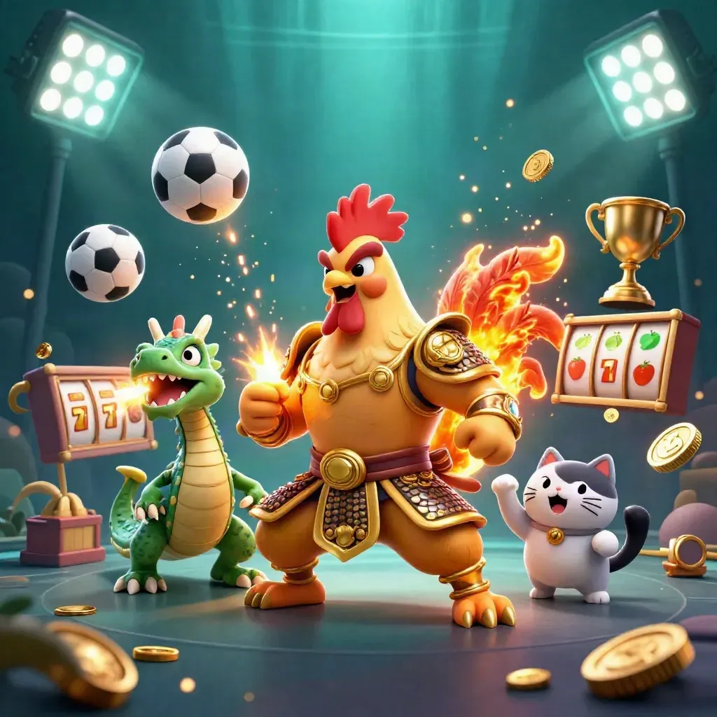 Rooster samurai, spark-breathing dragon hatchling and cheering fortune cat amid casino sports icons.