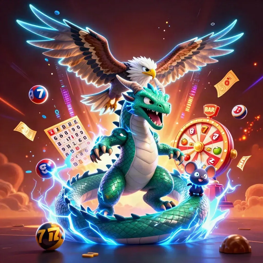 Electric thunder dragon with hawk and mouse amid casino bursts and ember-lit neon energy