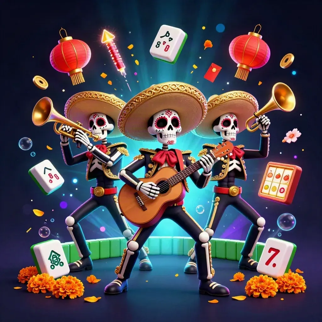 Three skeleton mariachi characters with neon casino symbols, marigold petals, and glowing effects
